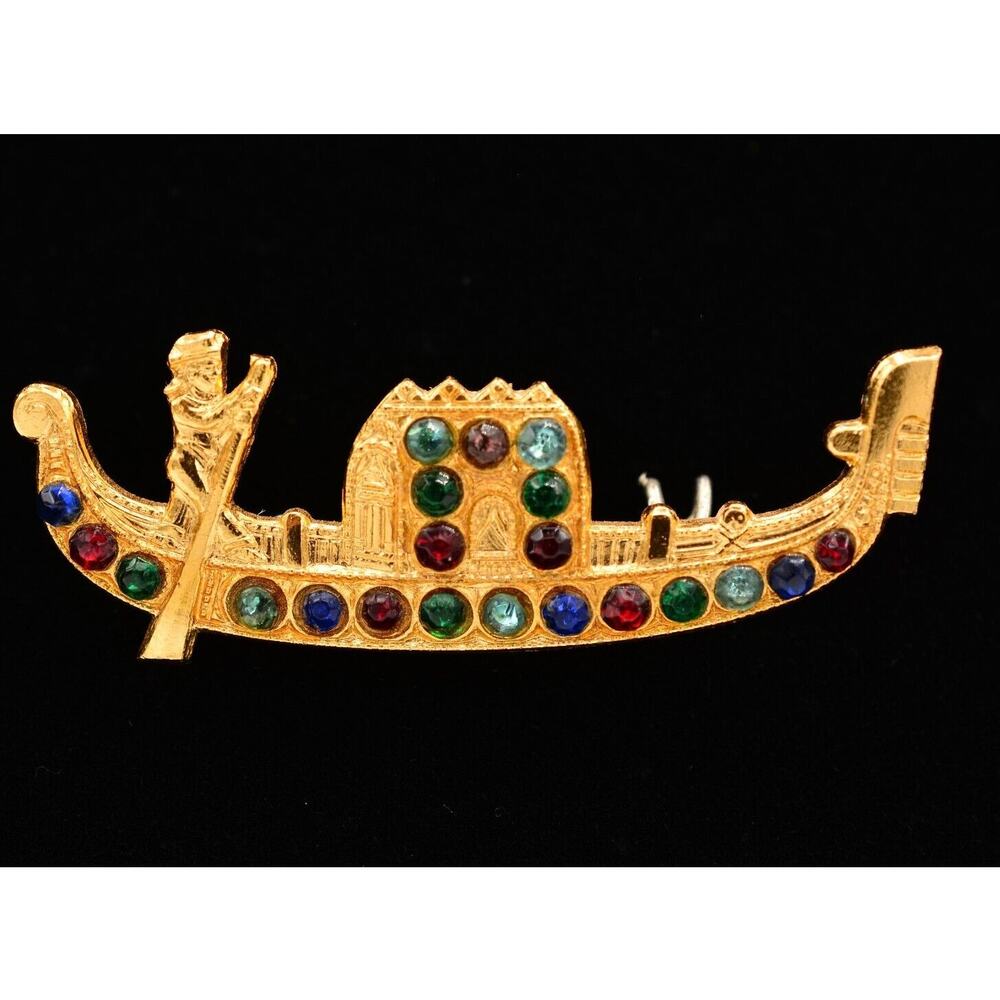 Vintage Traditional Chinese Boat Pin Brooch Gold Multi-Color Rhinestone Bin7